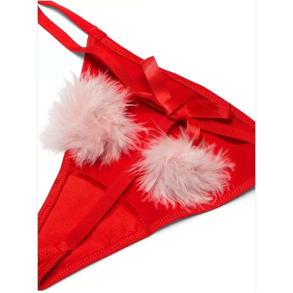 Victoria's Secret Red‎ Satin Dream Angels V String Thong sz Small Pom Pom Panty